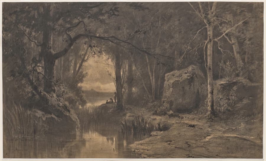 Three Fishermen Along the Banks of a River at the Edge of a Forest — Adolphe Appian