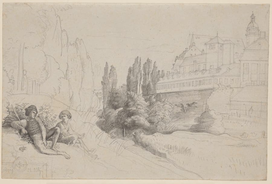 View across the Moat towards the Thomasschule and the Thomaskirche in Leipzig — Julius Schnorr von Carolsfeld