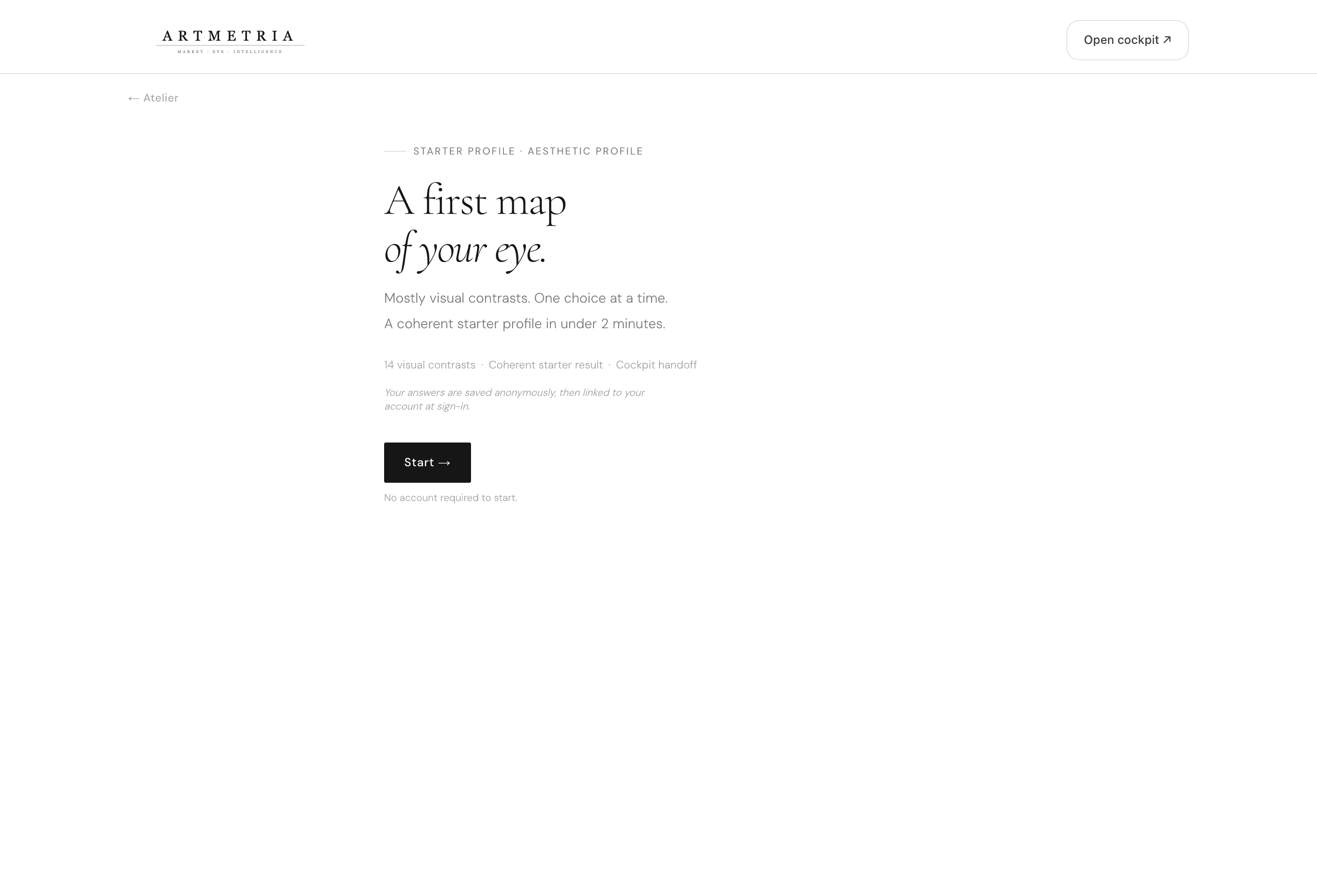 Artmetria aesthetic-profile entry screen — ‘A first map of your eye’, a short series of visual contrasts.