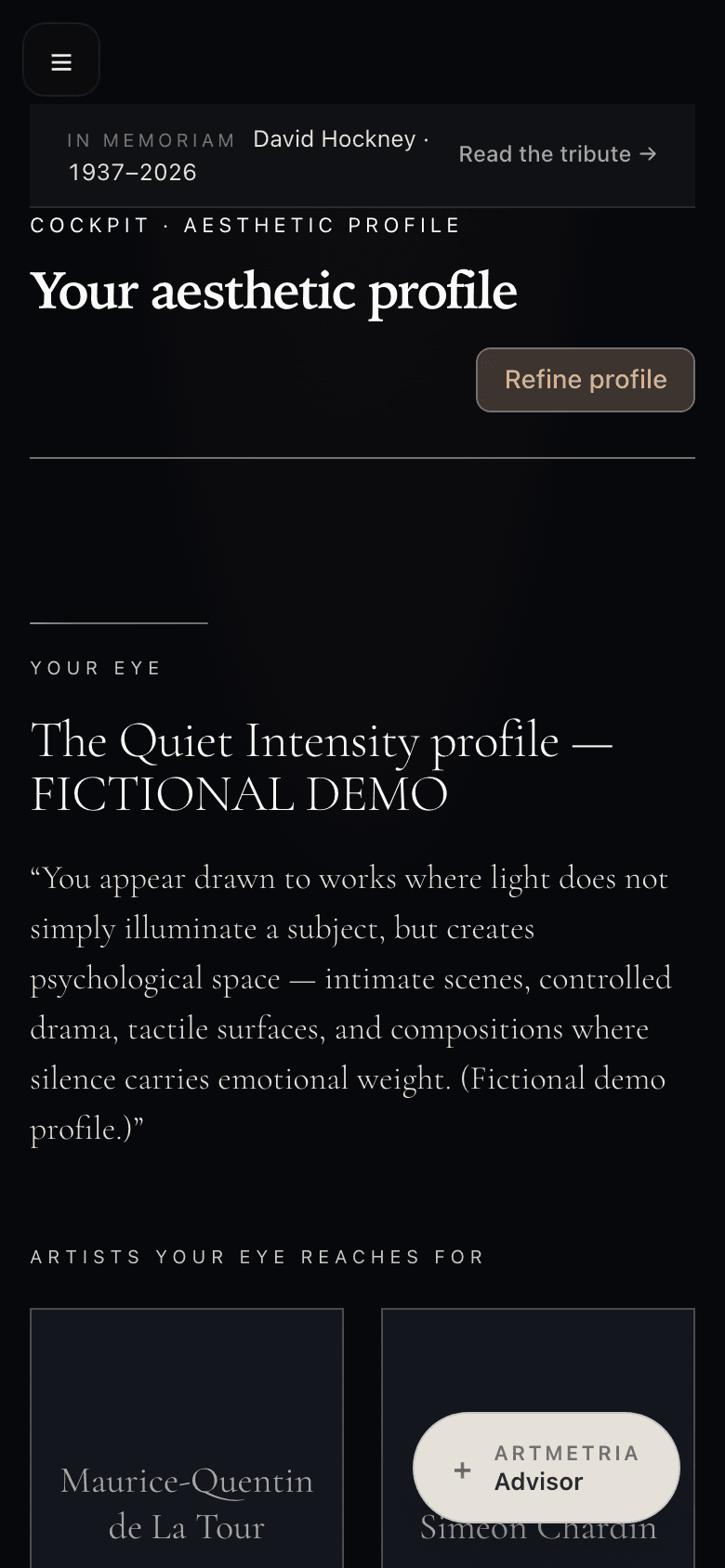 Cockpit aesthetic-profile page showing the ‘Quiet Intensity’ profile and the old-master artists it reaches for.