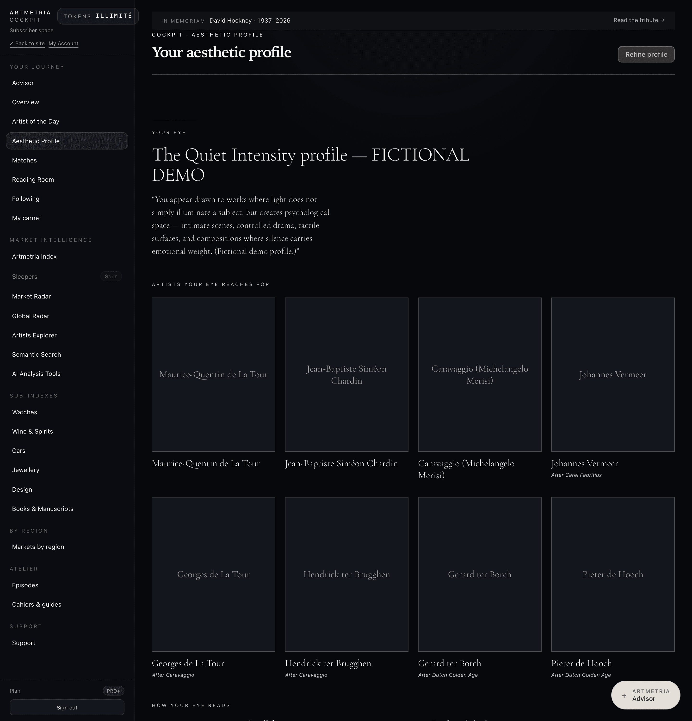 Cockpit aesthetic-profile page showing the ‘Quiet Intensity’ profile and the old-master artists it reaches for.