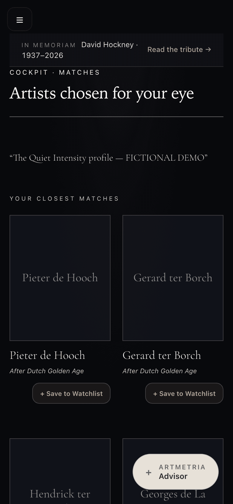 Cockpit Matches page: the closest artist matches drawn from the aesthetic profile.