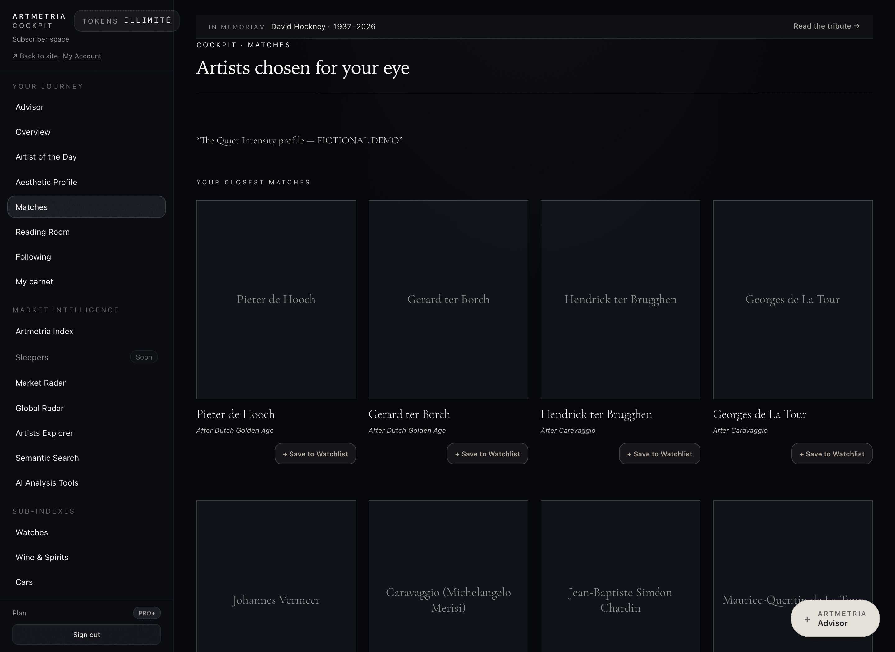 Cockpit Matches page: the closest artist matches drawn from the aesthetic profile.