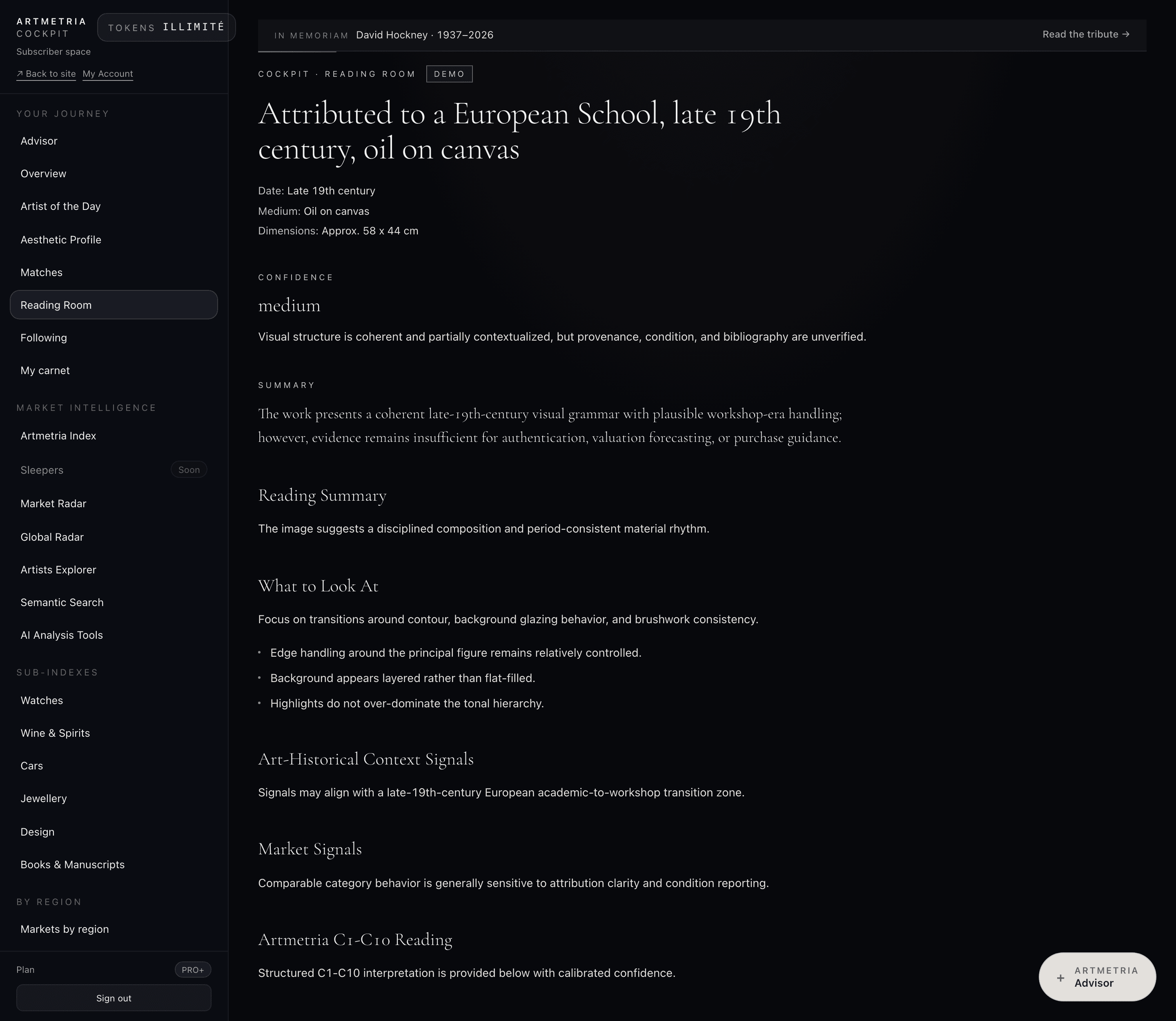 Cockpit Reading Room: a structured, annotated reading of an artwork with confidence and what-to-look-at sections.