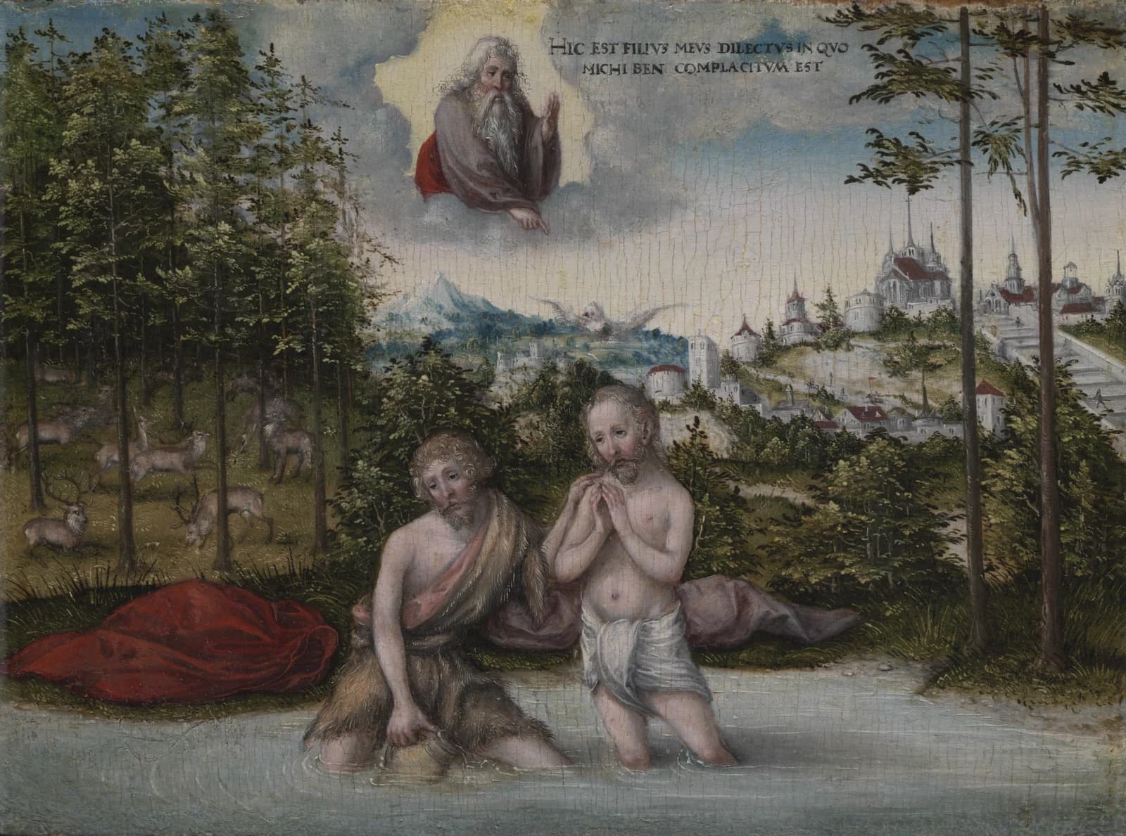 Lucas Cranach, The Baptism of Christ, 1530s, oil on wood: two figures stand in a shallow river, one pouring water over the other, with a pine wood and grazing deer to the left, a walled hill town to the right, and a bearded figure in a cloud above.