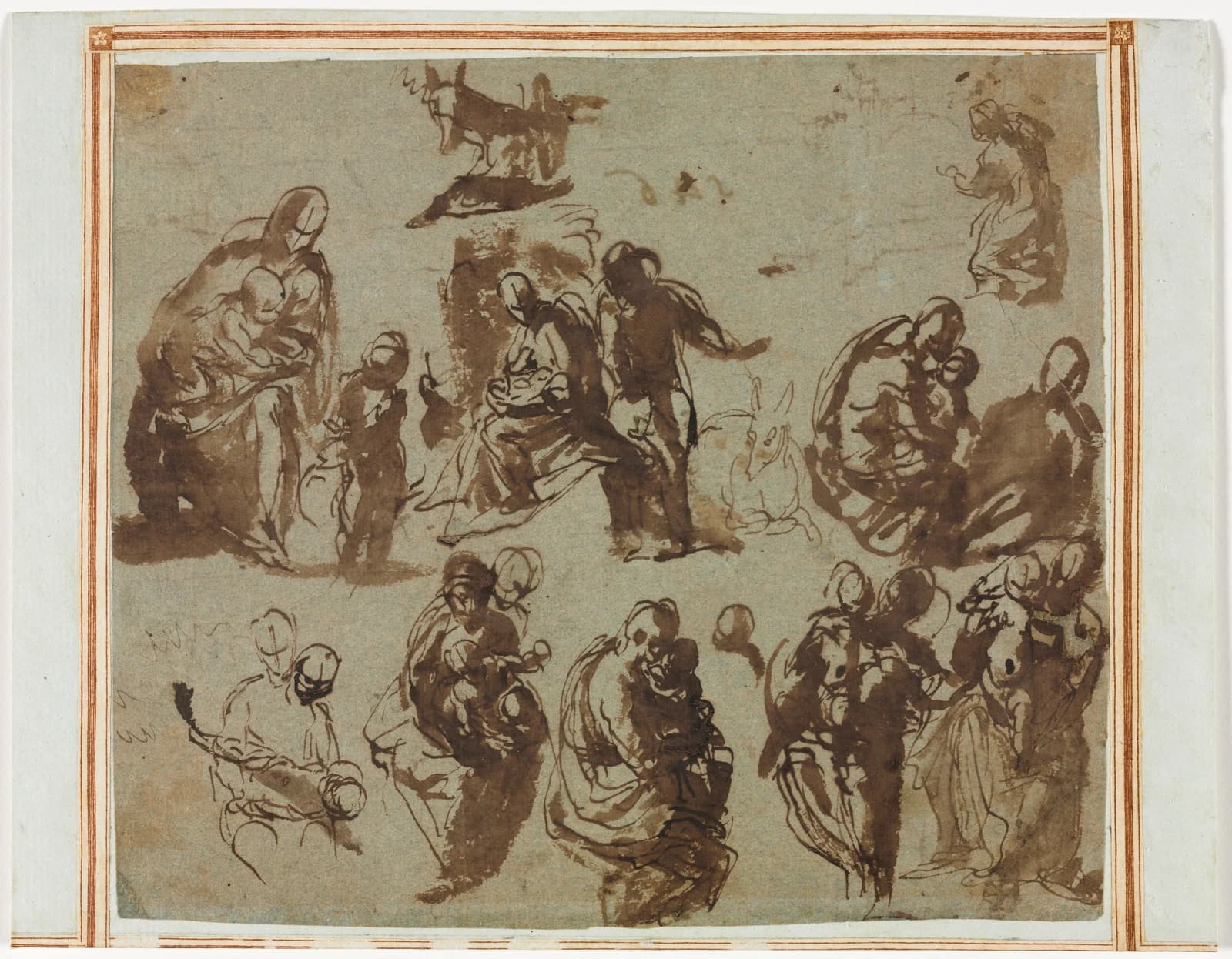 Paolo Veronese, Various Sketches of the Madonna and Child, c. 1570, pen and brown ink and brush and brown wash on grey-blue paper: the same seated mother-and-child group worked out a dozen times in different poses, with smaller figure and animal sketches between them.