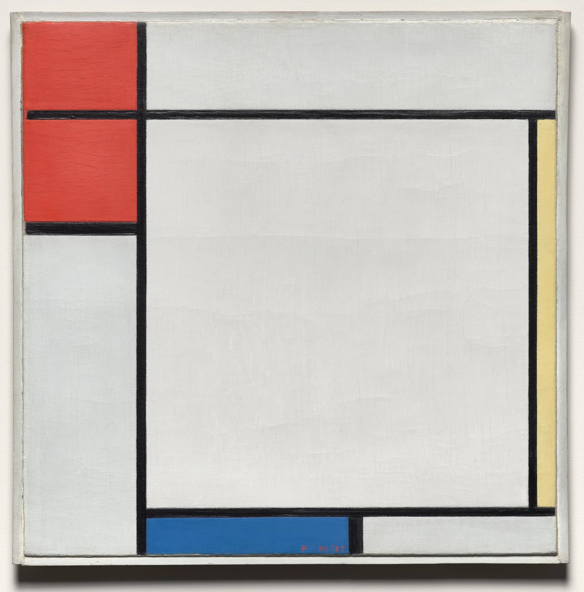 Piet Mondrian, Composition with Red, Yellow, and Blue, 1927, oil on canvas: a near-square field divided by heavy black lines into rectangles of off-white, with two red blocks at the upper left, a narrow yellow band at the right edge and a blue block along the lower centre.