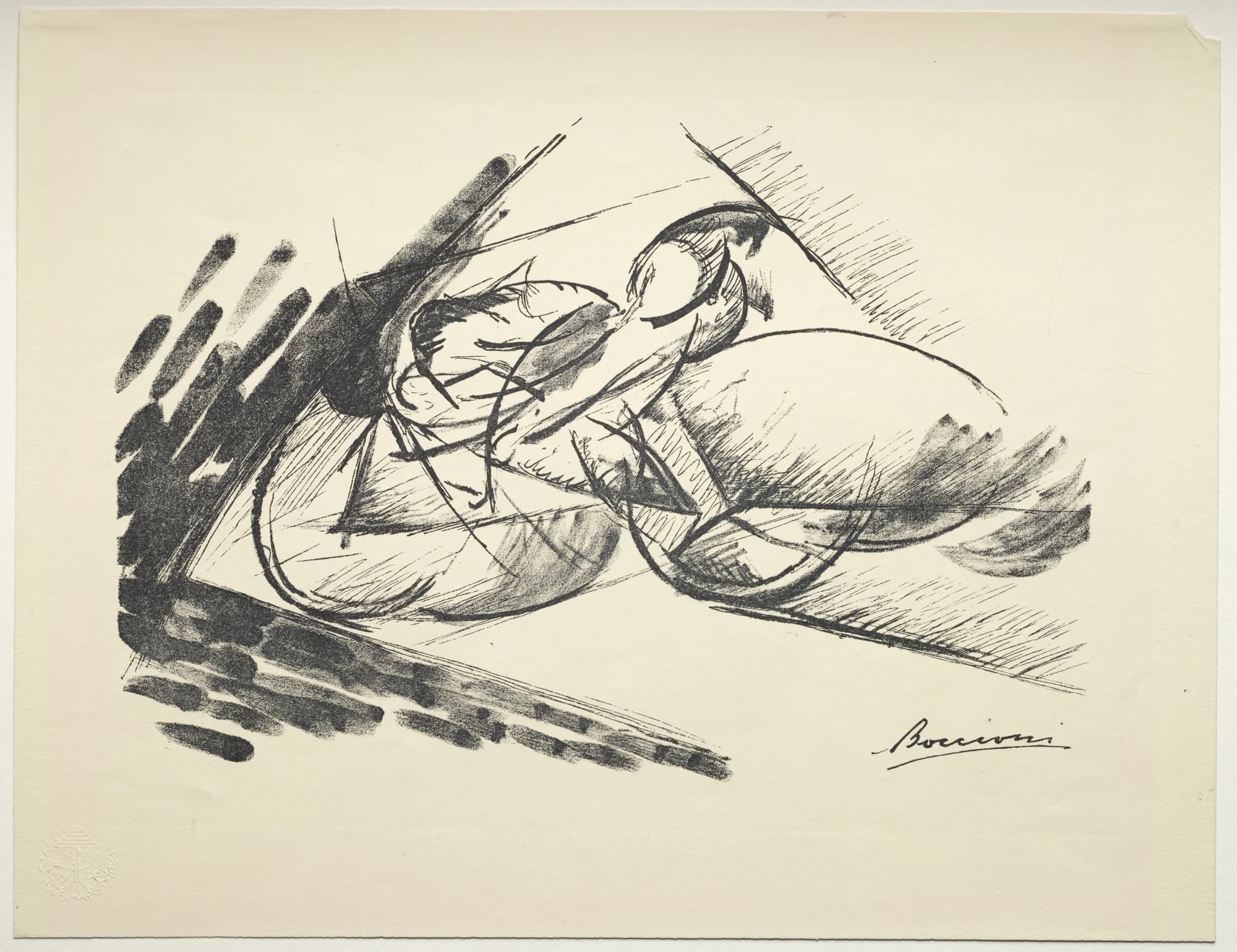 Umberto Boccioni, Movement, early 1900s, lithograph: swept curving strokes and dense blocks of hatching driving across the sheet, a rider and machine dissolved into lines of force, signed at lower right.