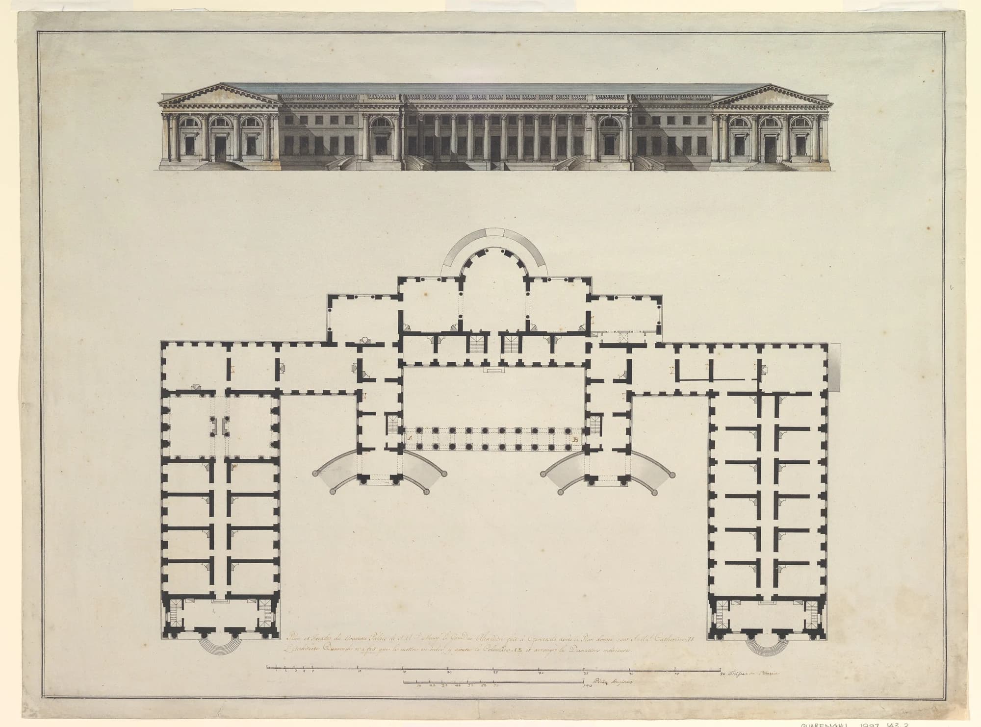 Giacomo Quarenghi, North Elevation and Ground Plan of the Alexander Palace at Tsarskoe Selo, 1792–96, pen and ink with wash over ruled construction lines: a long colonnaded façade drawn above, the building's full ground plan below, and a measured scale bar along the foot of the sheet.