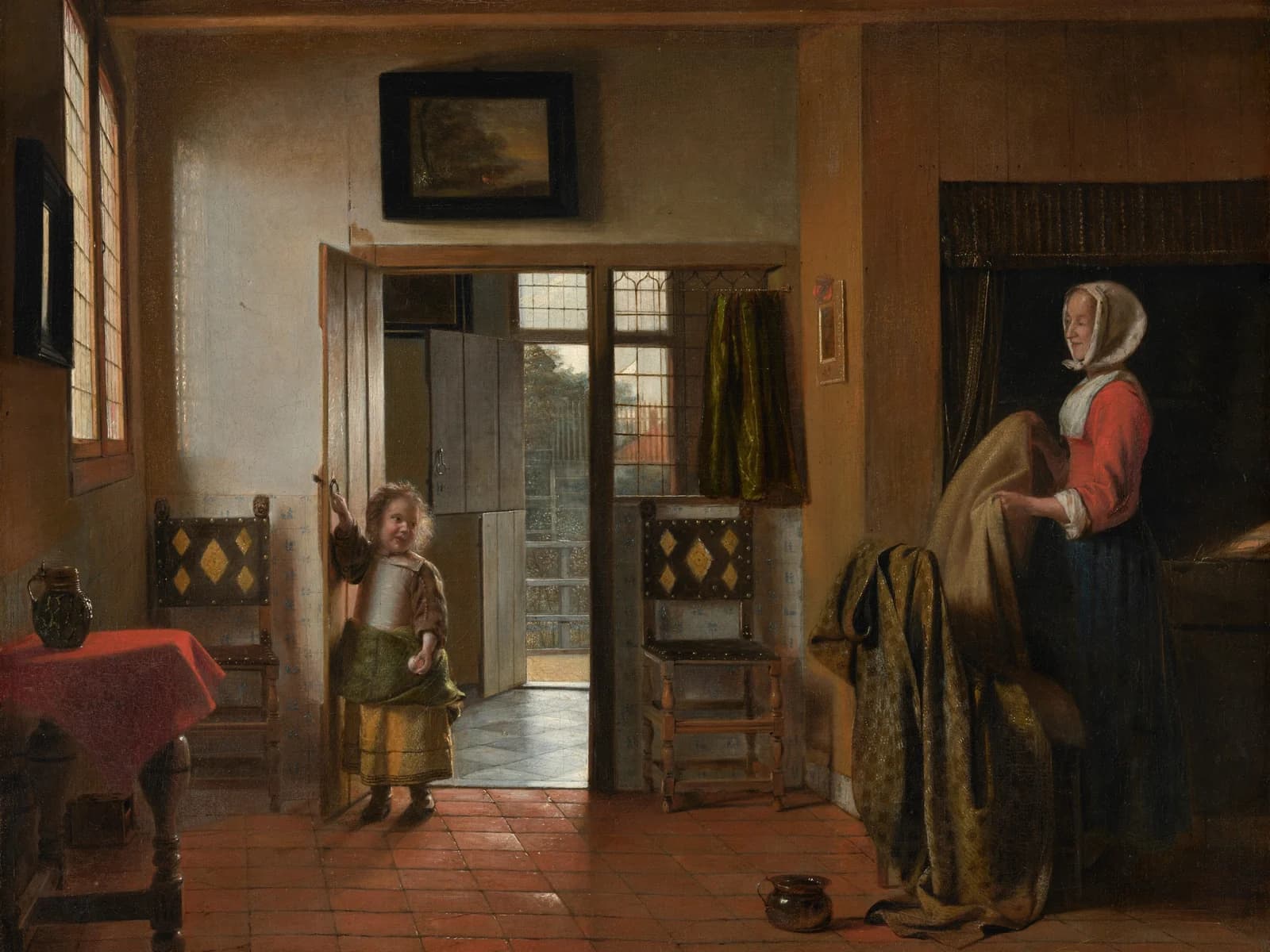 Pieter de Hooch, The Bedroom, 1658/1660, oil on canvas: a Dutch interior with a woman folding linen beside an open door, a child at the threshold, and a framed landscape hung above the doorway.