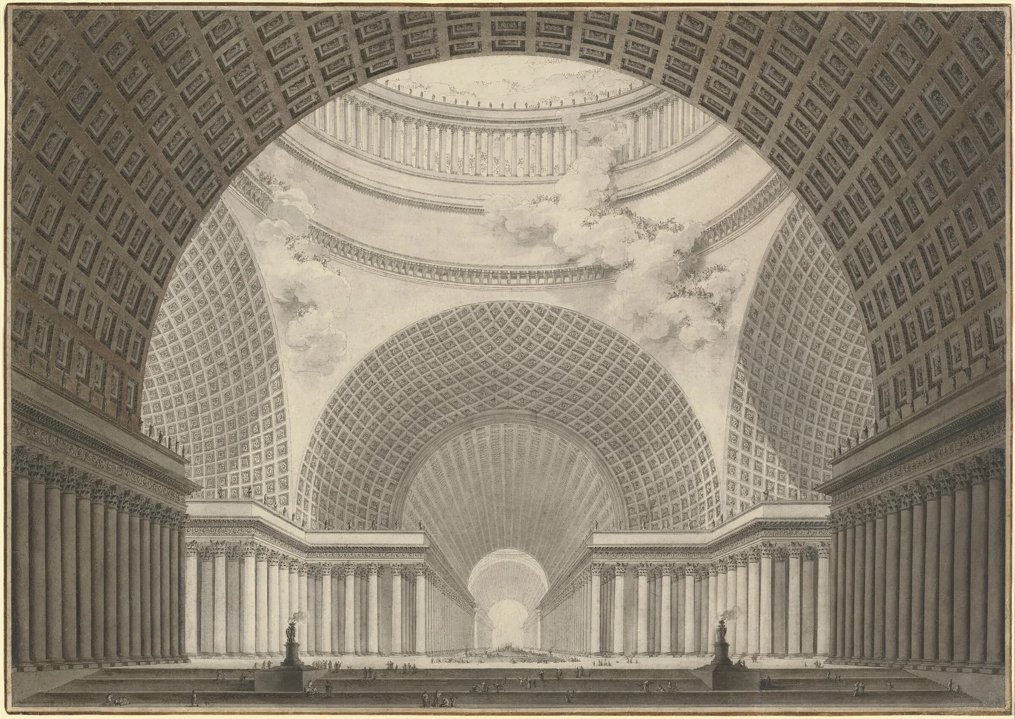 Etienne-Louis Boullée, Perspective View of the Interior of a Metropolitan Church, 1780/1781, pen and black ink with grey and brown wash: a vast coffered interior receding under nested domes, ranks of columns down both sides, and tiny figures massed across the floor.