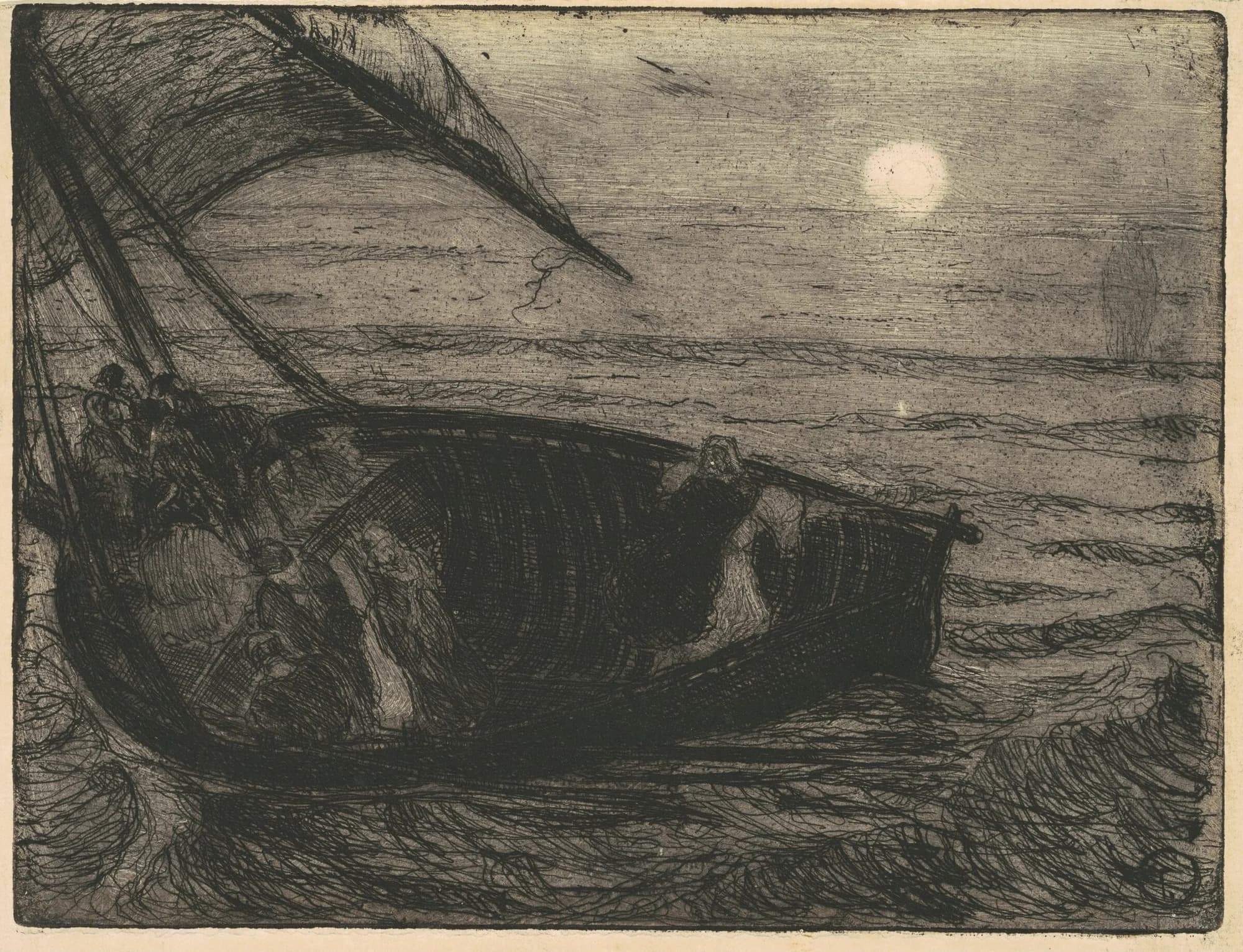 Henry Ossawa Tanner, Christ Walking on the Water, 1910, etching in black on laid paper: a small sailing boat in a heavy night swell, figures crowded at the mast and one standing at the stern, a low moon breaking through the sky at right.