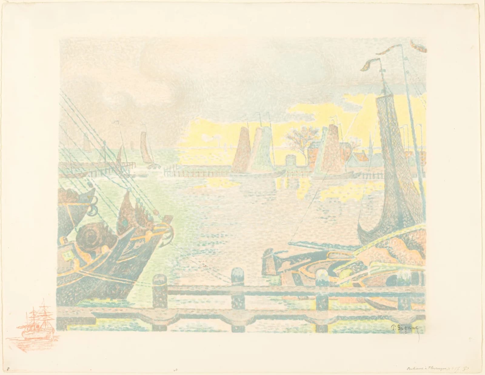Paul Signac, Boats at Flushing (Bateaux à Flessingue), 1895, five-colour lithograph: a harbour built from small separate dots of pigment, with two dark moored boats in the foreground, a railing across the base, and pale yellow and green water opening toward sails on the far quay.