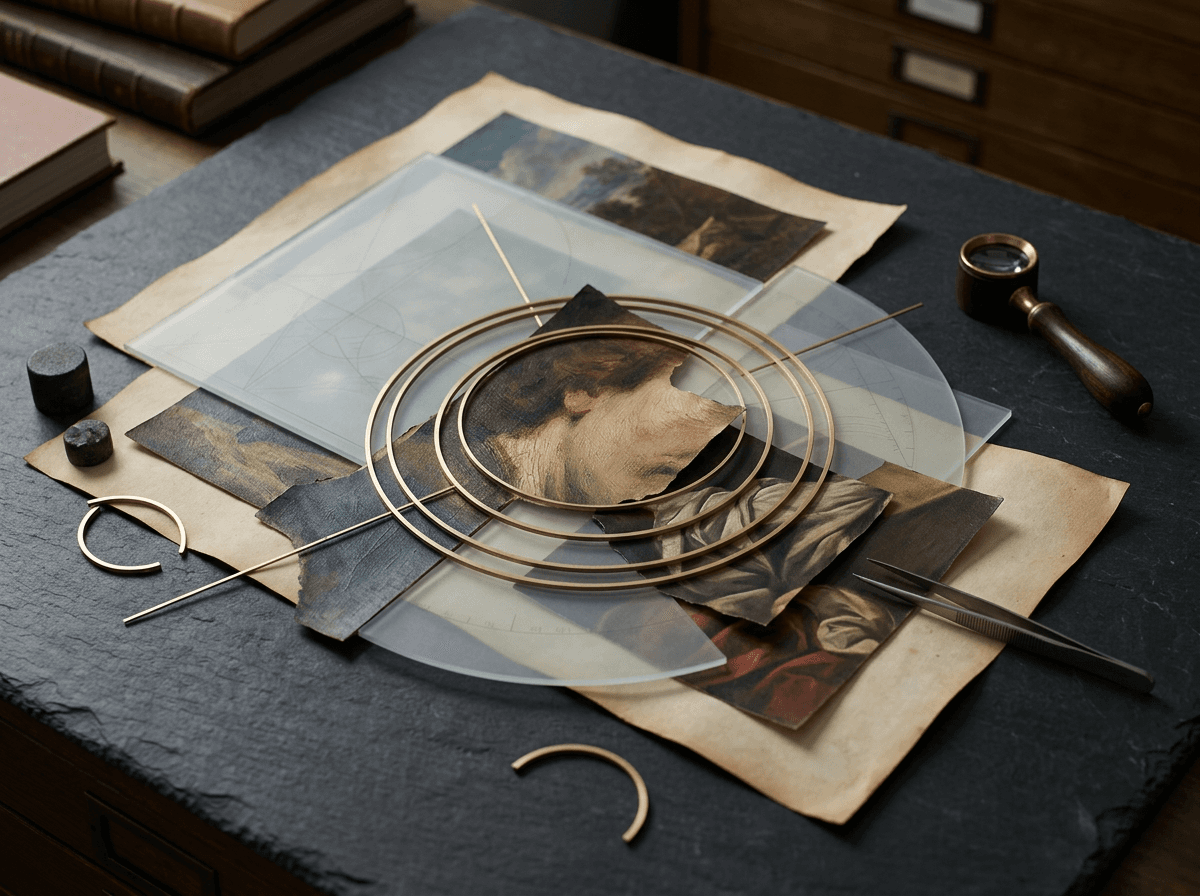 Fragments of painted canvas and paper laid on slate beneath glass plates, brass measuring rings, a loupe and tweezers.