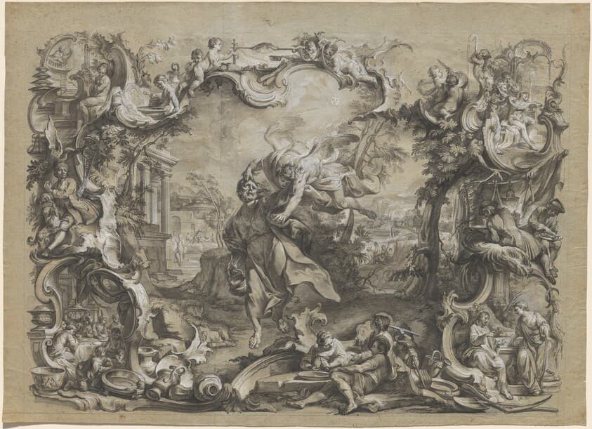 The Angel Carrying off Habakkuk by His Hair, Surrounded by an Elaborate Rococo Frame — Johann Wolfgang Baumgartner