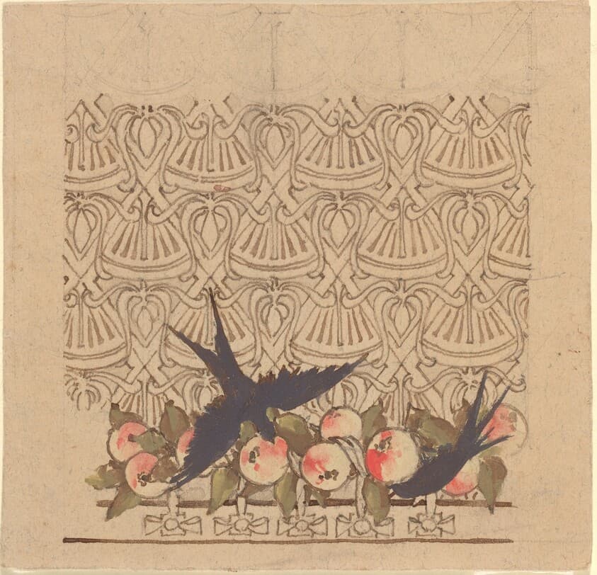 Ornamental design with two birds pecking at fruit — Karel Vitezslav Masek