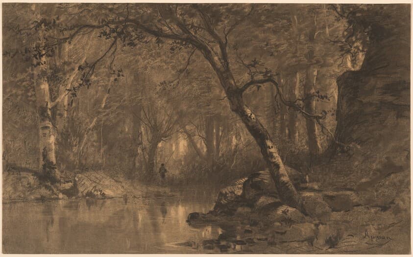 A Woodland River with a Fisherman — Adolphe Appian