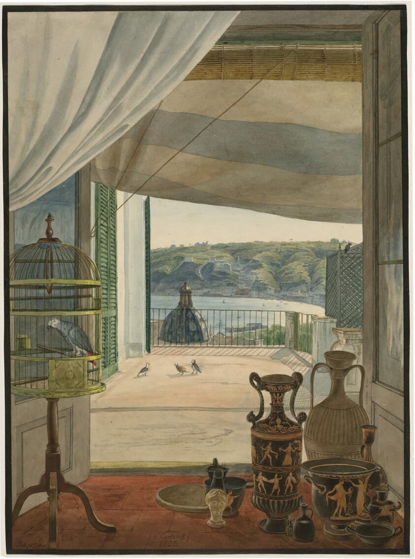 Antiquities by a Balcony Overlooking the Gulf of Naples — Carl Wilhelm Götzloff