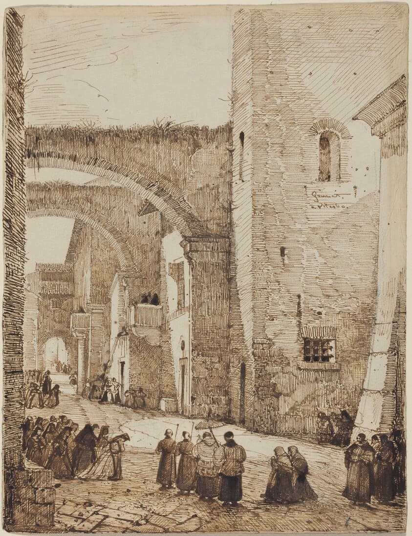 A Priest Processing through a Medieval Street in Viterbo — François-Marius Granet