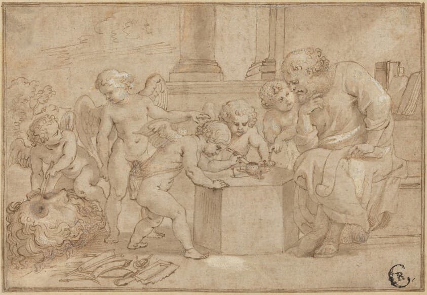 Elderly Man Watching Putti Dissect an Eye — Sir Peter Paul Rubens