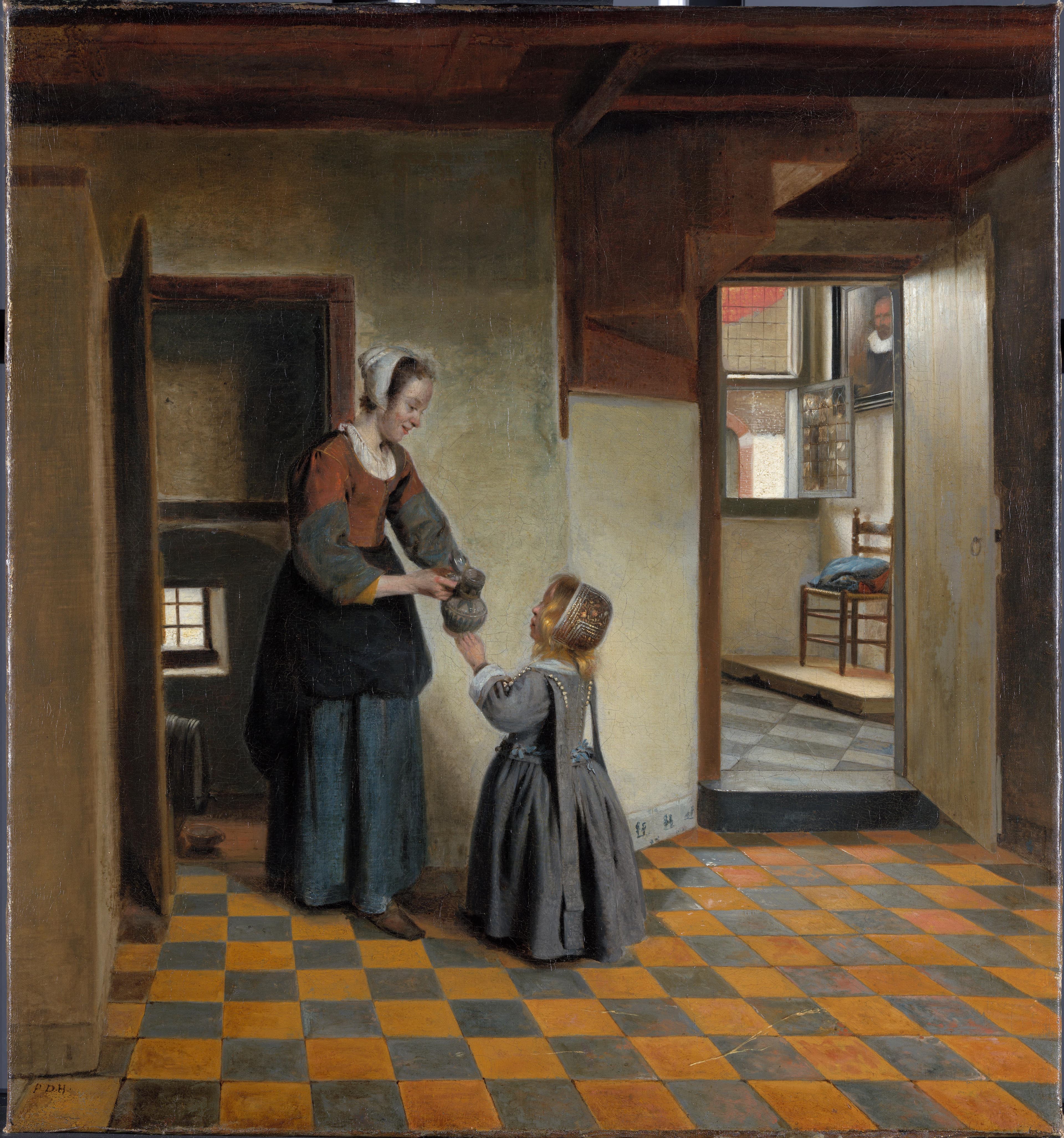Een dienstbode met een kind in een kelderkamer — Pieter de Hooch