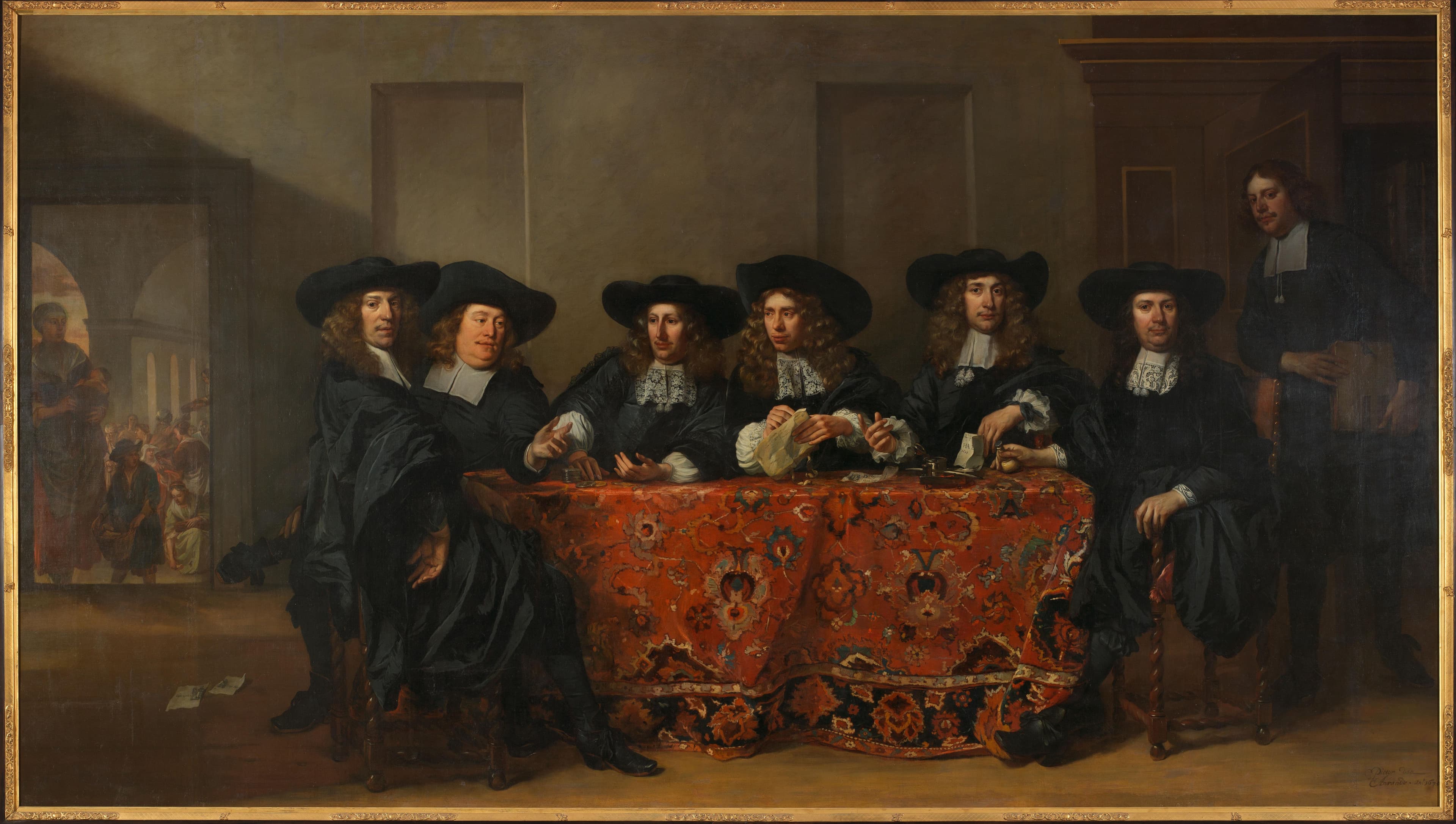 Six Regents and the Housemaster of the Oudezijds Institute for the Outdoor Relief of the Poor, Amsterdam, 1675 — Pieter van Anraedt