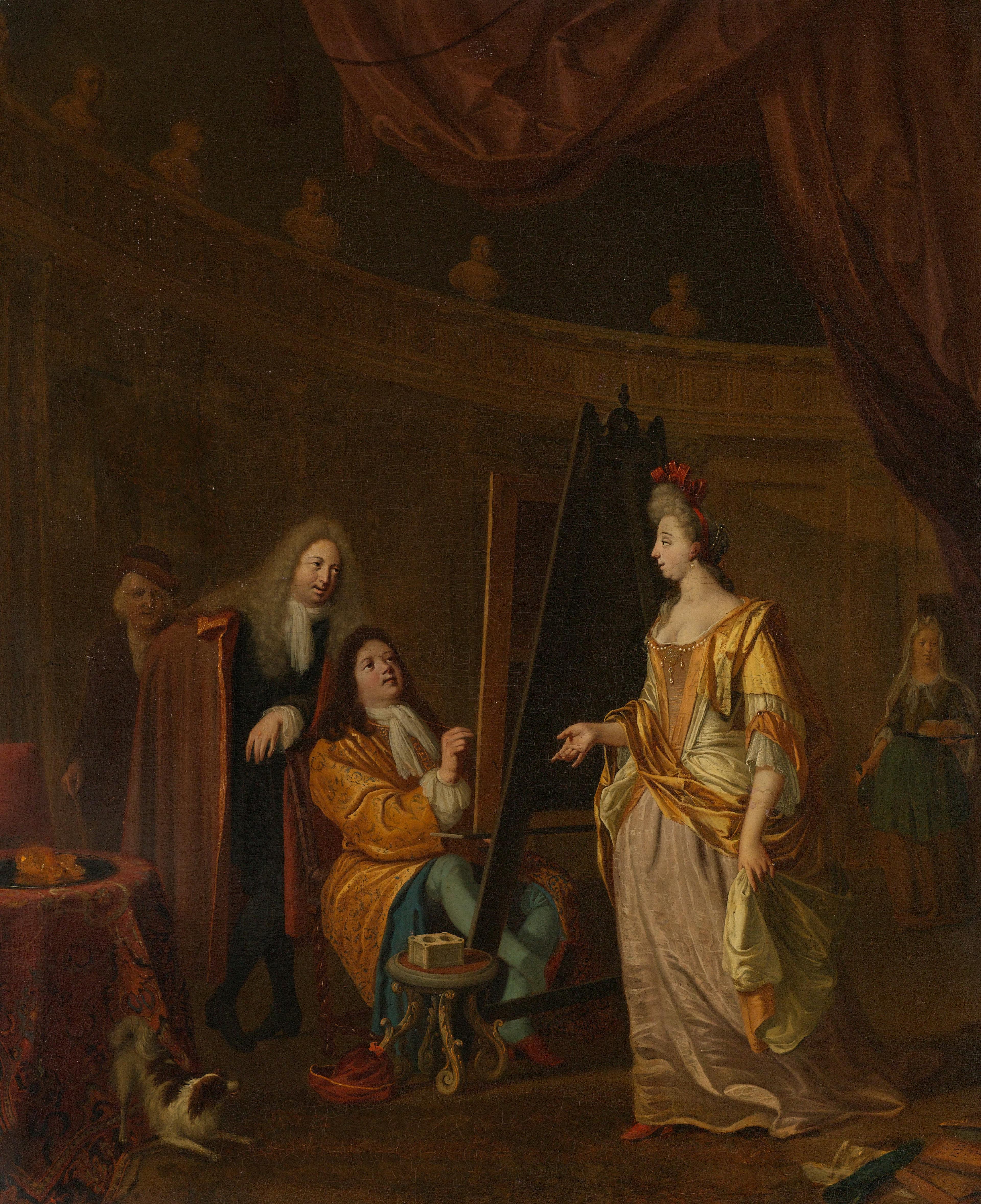 Een schilder in zijn atelier, een dame portretterend — Ludolf Bakhuysen