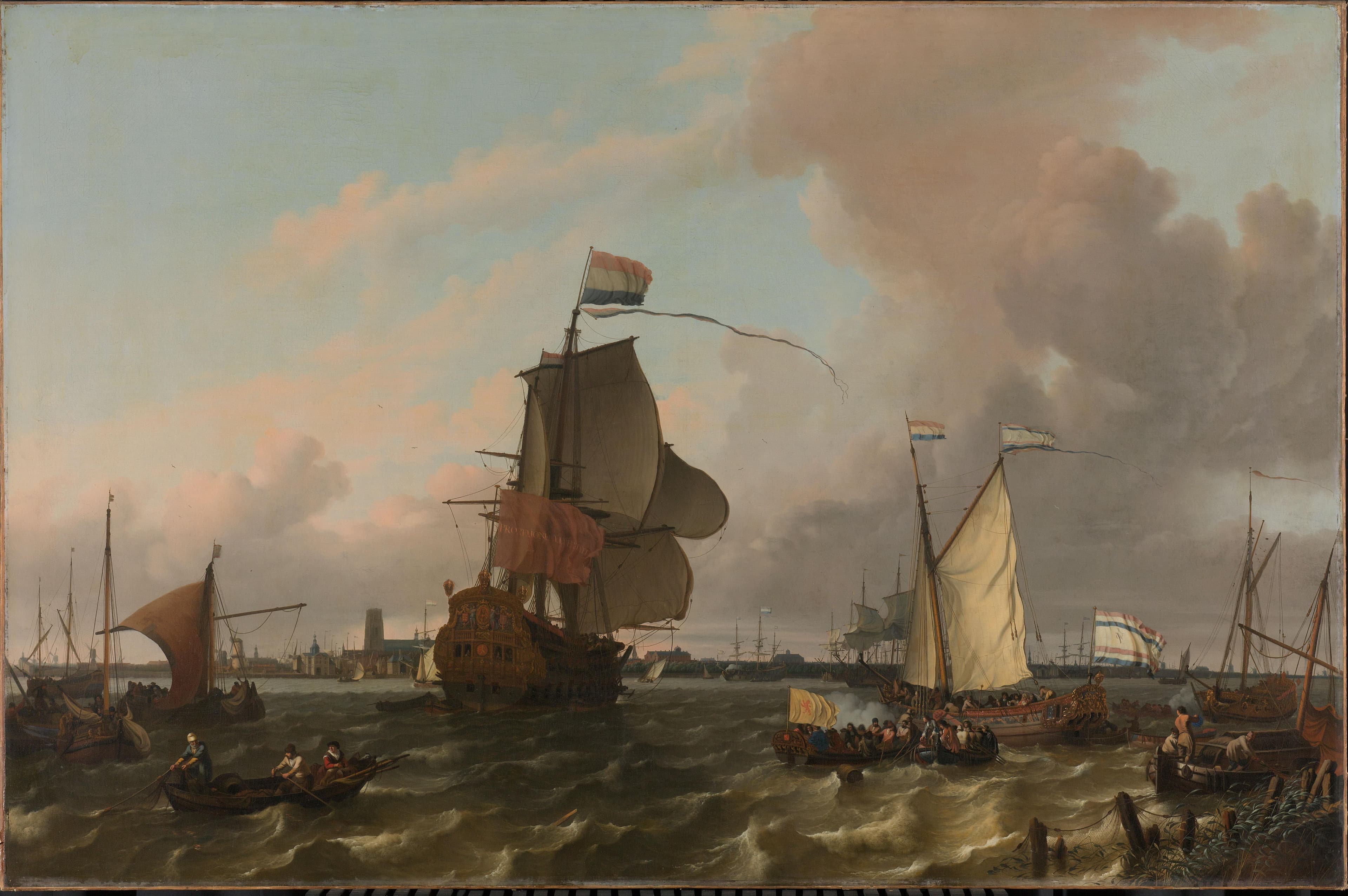 Het oorlogsschip 'Koning William' op de Maas voor Rotterdam — Ludolf Bakhuysen