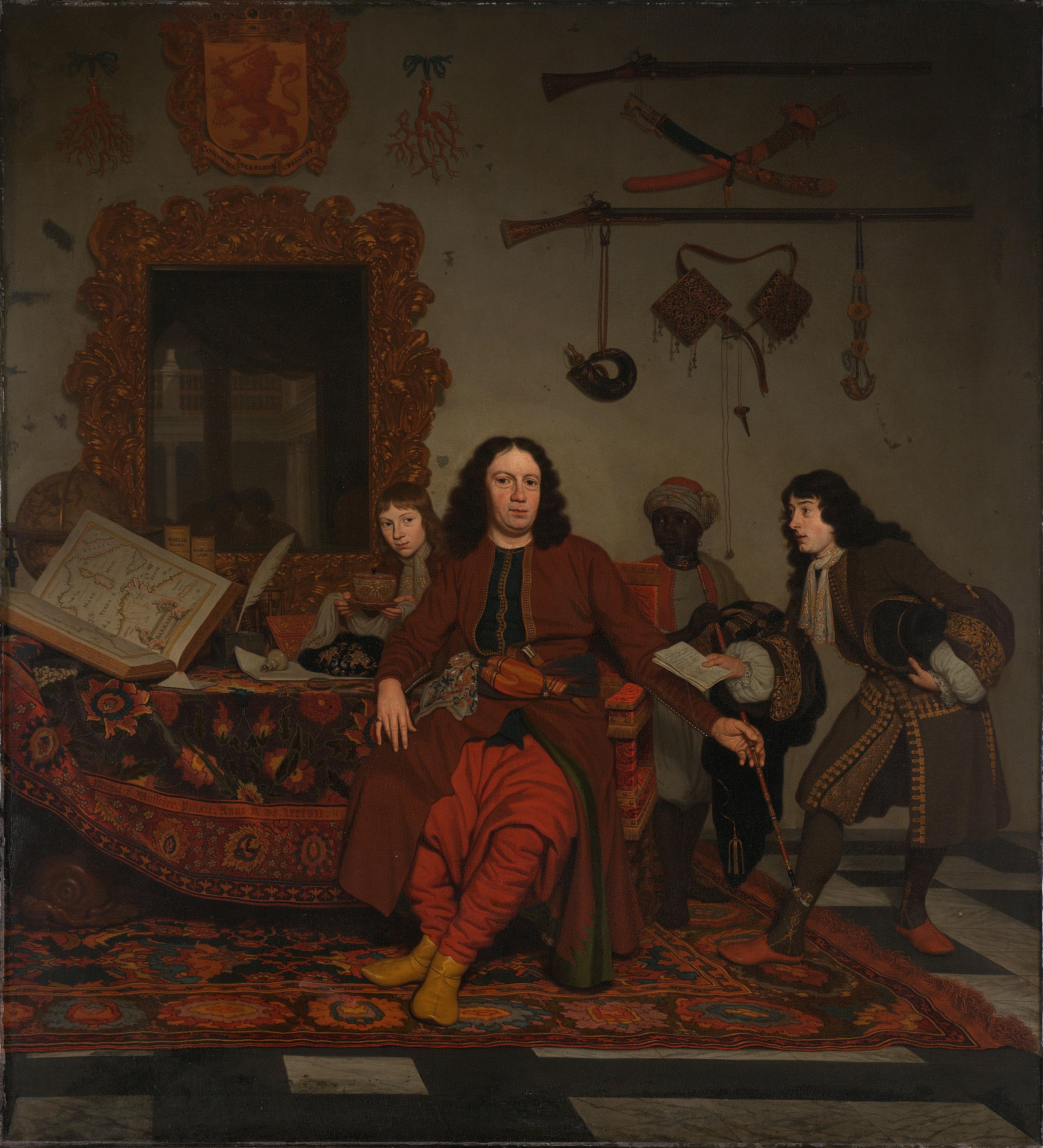 Thomas Hees and his Servant Thomas and Nephews Jan and Andries Hees — Michiel van Musscher