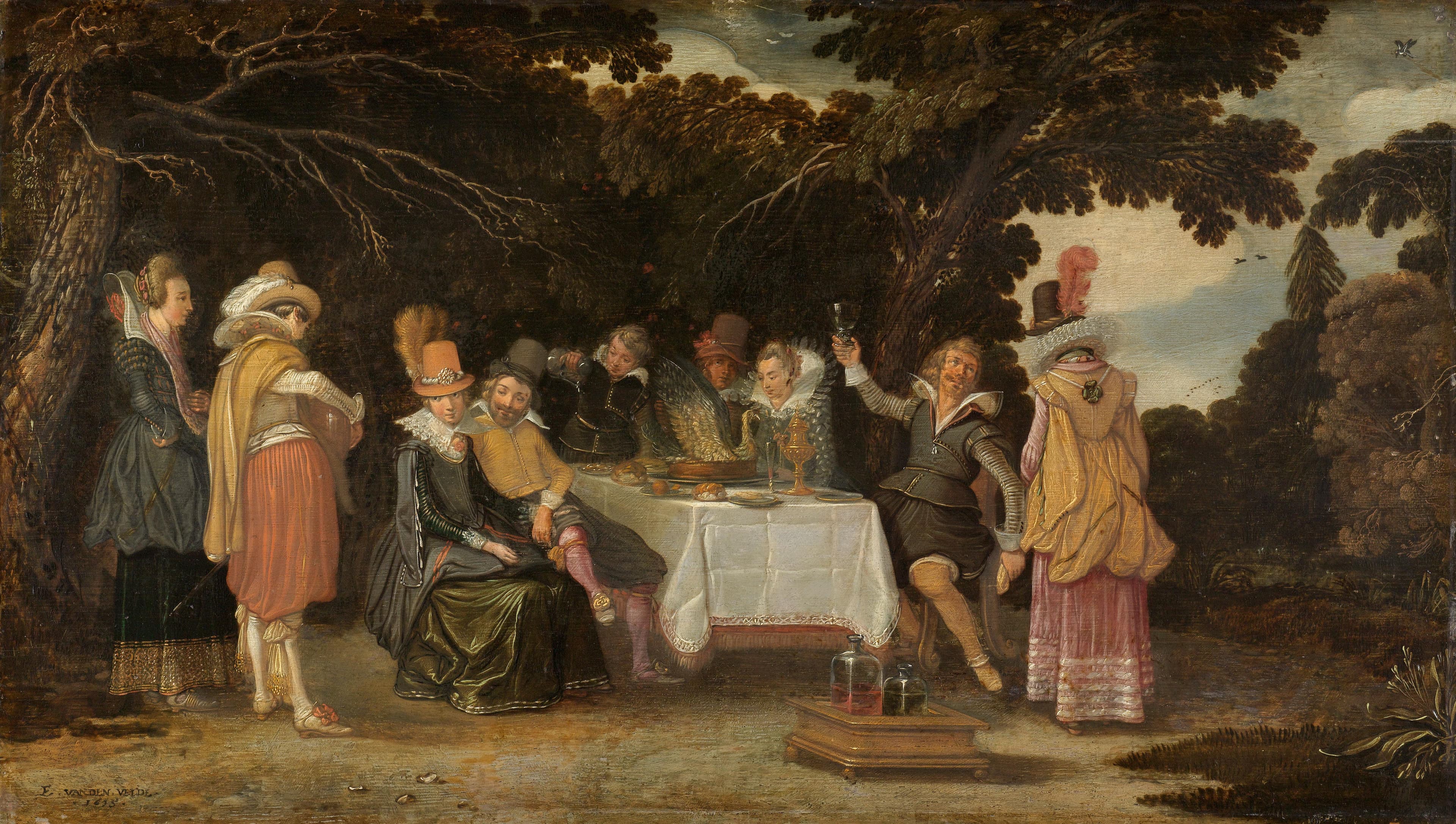 Voornaam gezelschap, dinerend in de buitenlucht — Esaias van de Velde