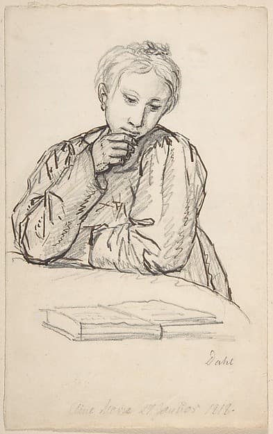 Portrait of Eline Marie Heger as a Child, Leaning on a Table, Looking at a Book — Johan Christian Dahl