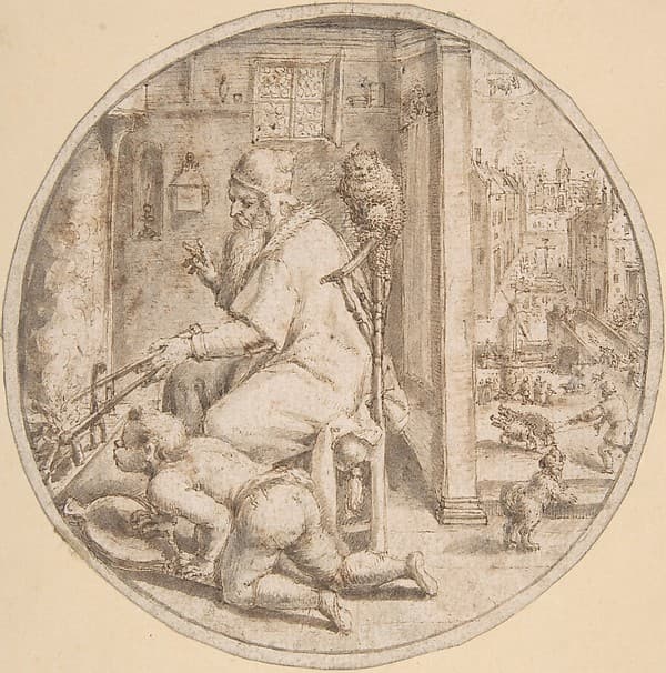 December: And Old Man Seated by a Hearth with a Young Man Blowing on the Fire — Crispijn de Passe the Elder
