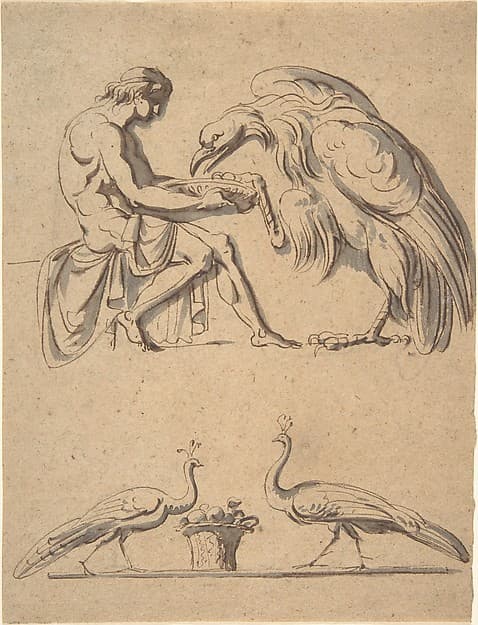 Jupiter, disguised as an eagle, with Ganymede, and a sketch of two peacocks — Nicolai Abraham Abildgaard