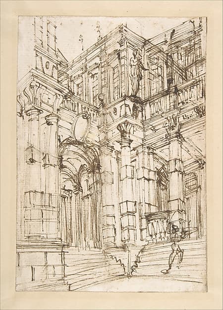Sketch for a Stage Set: Foreshortened View of a Palace with a Figure on the Stairs — Antonio Galli Bibiena