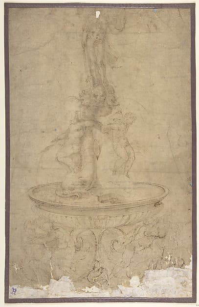 Design for a Fountain with Sea Horses and Triton Base, Basin, Dolphins and Tritons, Three Grotesque heads and Neptune — Battista Franco