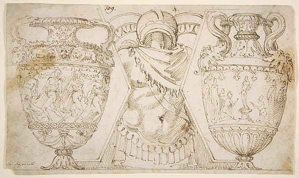 Ornamental Design with Amphore and Antique Style Armor (recto); Sketch with Two Figures (verso) — Polidoro da Caravaggio