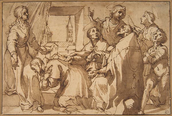 Cardinal Paolo Sfondrato Kneeling Before Saint Cecilia, Accompanied by other Saints — Francesco Vanni
