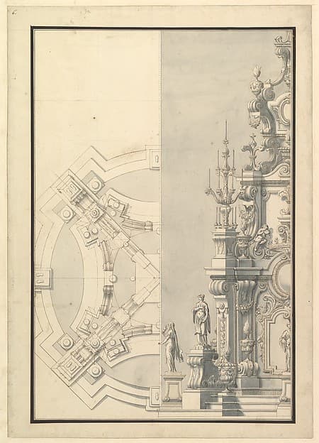 Half Ground Plan and Half Elevation for a Catafalque for Duke Francesco of Parma (1694–1727) — Giuseppe Galli Bibiena