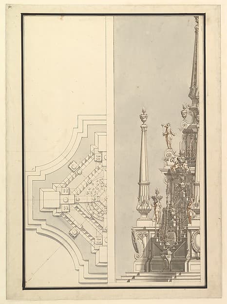 Half Ground Plan, Half elevation for a Catafalque for a Duchess de Berri — Giuseppe Galli Bibiena