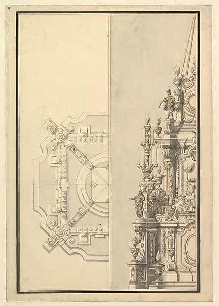 Half Plan and Half Elevation for a Catafalque for Margarita Louisa, Gran Duchess of Tuscany (d. 1721) — Giuseppe Galli Bibiena