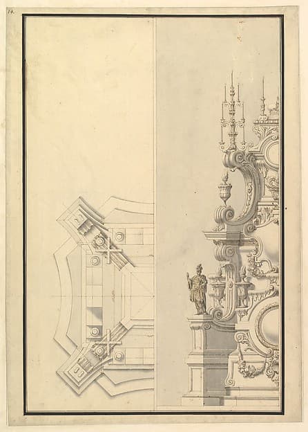Half Ground Plan and Half Elevation of a Catafalque, surmounted by a royal Crown — Giuseppe Galli Bibiena