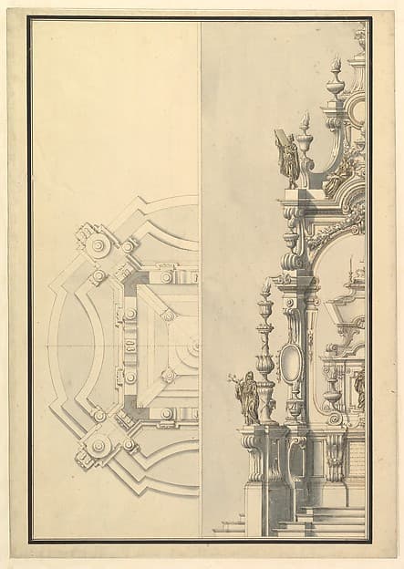Half Ground Plan and Half Elevation for a Catafalque with Royal Crown Surmounting Casket — Giuseppe Galli Bibiena