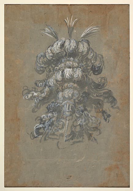 Design for a Lavish Headdress with Feathers on a Helmet (frontal view) — Baccio del Bianco