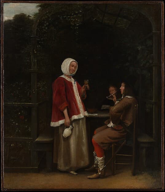 A Woman and Two Men in an Arbor — Pieter de Hooch