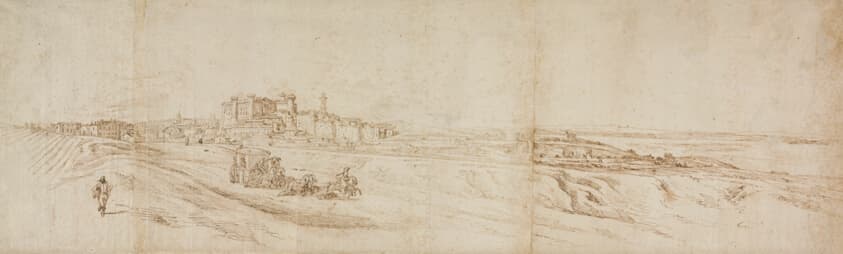 View of The Castello Bracciano, near Rome with Coach and Figures — Johann Wilhelm Baur