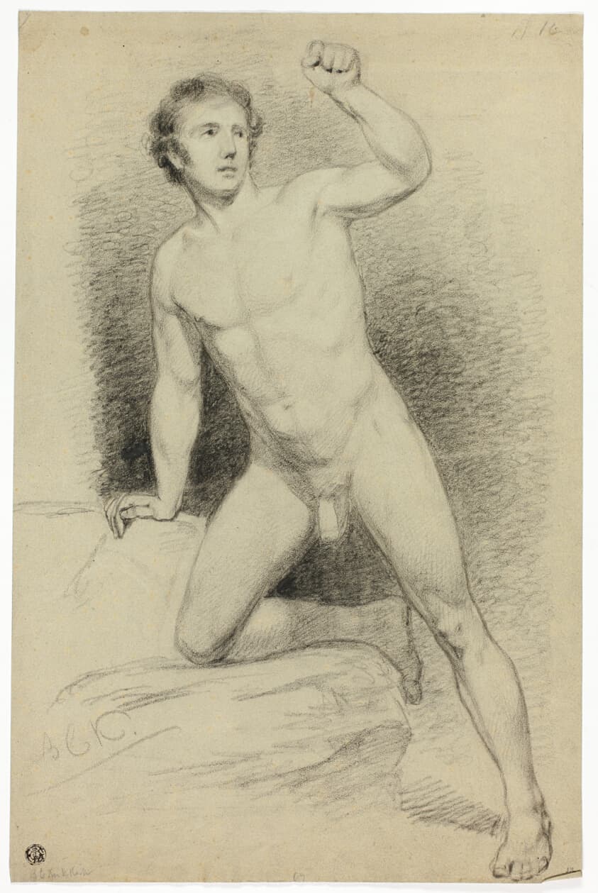 Academic Male Nude Leaning on Platform — Barend Cornelis Koekkoek