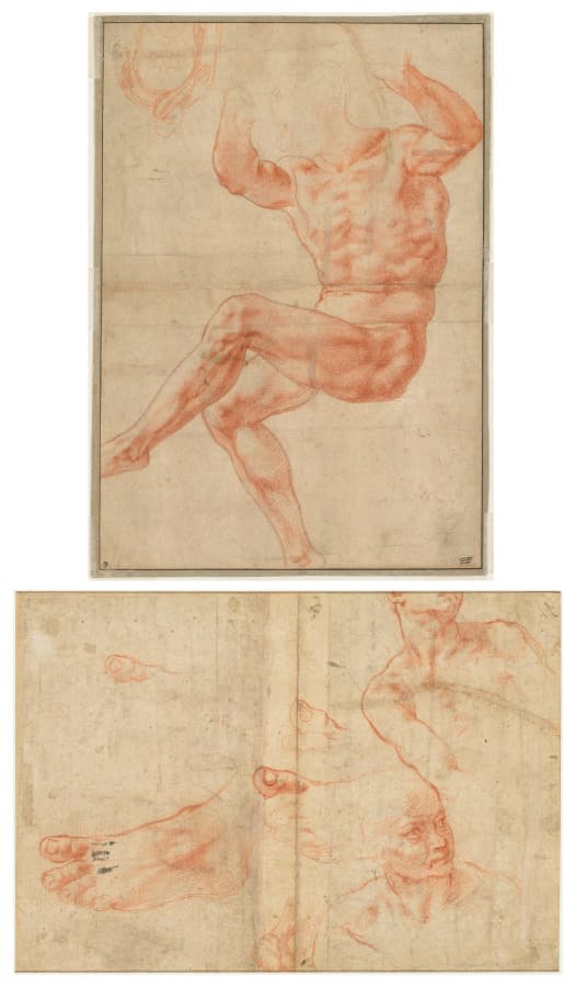 Study for the Nude Youth over the Prophet Daniel (recto); Figure Studies for the Sistine Ceiling (verso) — Michelangelo Buonarroti
