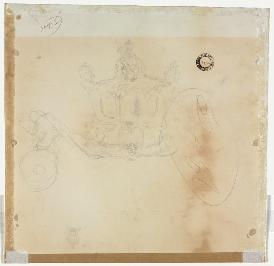 Study for Cab and Front Left Wheel of Coach and Study for Head of Crowned Figure Seated on Top of Coach (verso) — Edward Tennyson Reed