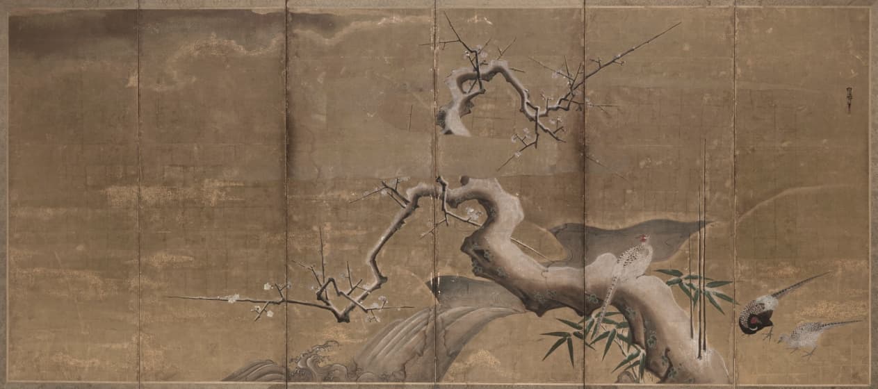 Winter Scene with Plum Trees and Pheasants (Birds Left) — Kano Naonobu
