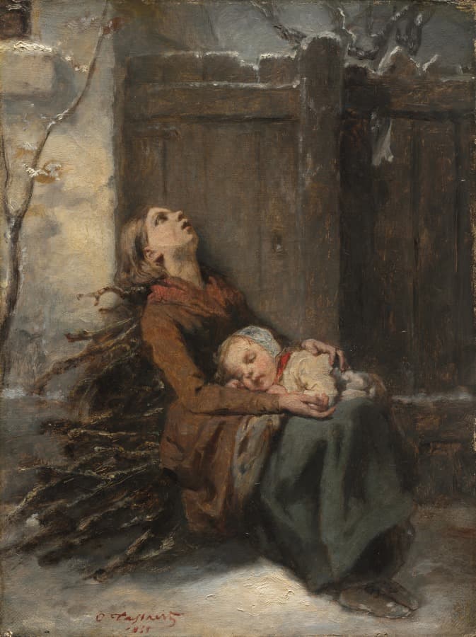 Destitute Dead Mother holding her sleeping Child in Winter — Octave Tassaert